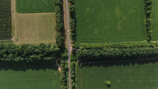 Aerial panorama of the road, that leads between green patterns of fields and gardens