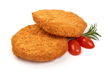 Chicken cordon bleu with cheese in breadcrumbs, swiss food, isolated on white background