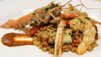 Vegetables and Fish used to cook Paella in the typical Spanish Way. This Spanish speciality can be made with seafood or meat