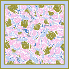 Delicate colors of silk scarf with flowering peony. Hand drawn design.