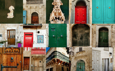 Collage with different details of houses in Valletta, Malta.