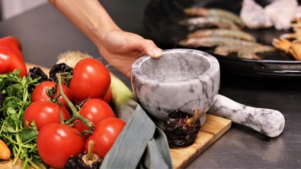 Vegetables and Fish used to cook Paella in the typical Spanish Way. This Spanish speciality can be made with seafood or meat