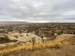 Valley of old geological formations in the form of rocks. A popular tourist destination. The place where they fly in balloons. Cappadocia. Turkey. November 5, 2019.