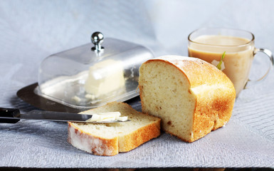 bread and butter and cup of coffee for the breakfast