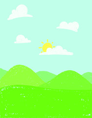 Wax crayon kid`s hand drawn mountains with blue sky ,child`s drawn set. kid`s painting spring and summer meadow. Vector pastel chalk background banner.