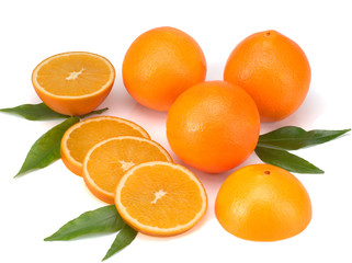Orange fruits with leaves isolated on white background