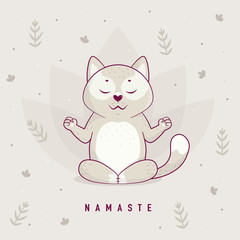 Funny illustration with cartoon cat sitting on lotus position of yoga.