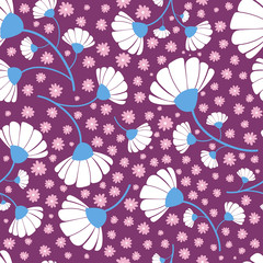 Colorful daisy flowers seamless repeat pattern for decor, wrapping paper, clothing, pillows, curtains, interior.