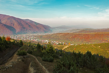 Autumn in the Carpathians. Тrees in colorful foliage. beautiful carpathians. wonderful autumn landscape of mountainous countryside. Golden autumn in Transcarpathian mountains.