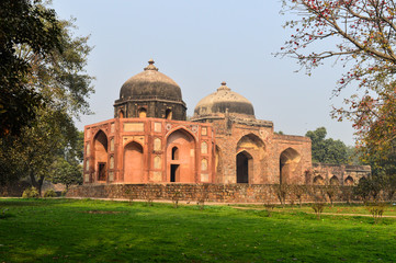 A monument at humayun tomb memorial from the side of the lawn at winter foggy morning.