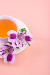 Fototapeta na wymiar Beautiful flowers of astromeria. Herbal tea in a white cup and a white saucer on a pink background