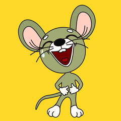 ha-ha emoticon with a funny laughing laugh mouse that stands and holds on to his stomach from nicker, color emoji on yellow isolated background