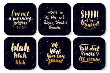 Stickers with hand drawn typography lettering inscriptions.