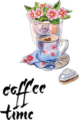 Coffee time, Illustration of cup of coffee, flower bouquet, cookie