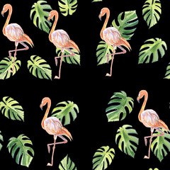 Naklejka premium Pattern of leaves of palm and flamingo