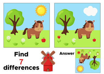 Find seven differences. Kawaii cartoon horse. Farm animals. Educational game for preschoolers. Vector illustration.