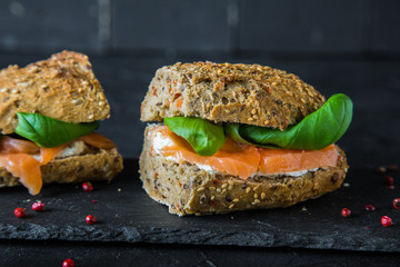 Whole grain bread, salmon and cream cheese sandwich