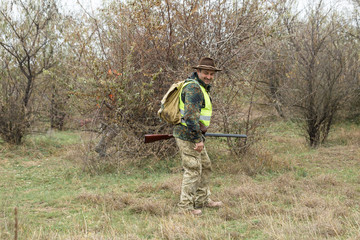 Hunting period, autumn season open. A hunter with a gun in his hands in hunting clothes in the autumn forest in search of a trophy. A man stands with weapons and hunting dogs tracking down the game.