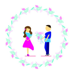 People in love in floral round frame. Young man gives a young woman a flower bouquet as Valentine's Day or Birthday gift. Isolated vector illustration on a white background in flat style. 
