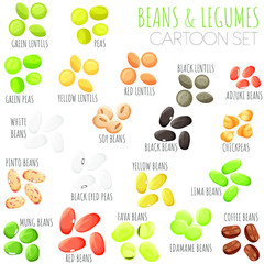Beans and legumes vector set, cartoon style isolated illustrations.