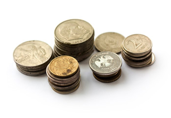Coins of the Soviet Union and the Russian Federation on a white background.