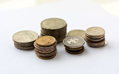 Coins of the Soviet Union and the Russian Federation on a white background.