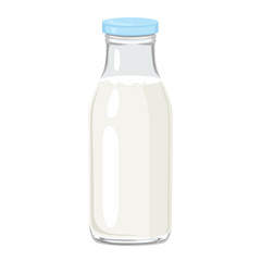 Bottle of milk isolated on white background. Vector illustration of milk in glass bottle with blue cap in cartoon flat style. Dairy product.