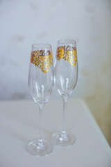 Elegant wedding glasses. Wedding. beautifully decorated champagne wedding glasses. 