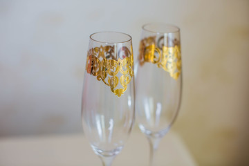 Elegant wedding glasses. Wedding. beautifully decorated champagne wedding glasses. 