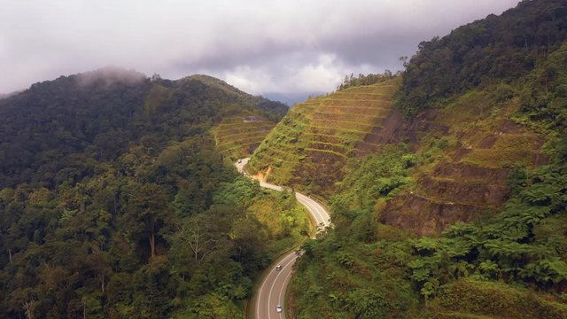 Aerial view by drone on the road to Cameron Highlands, Pahang, Malaysia. 4k ProRess 422