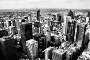 Melbourne city aerial view. Black and white retro style.