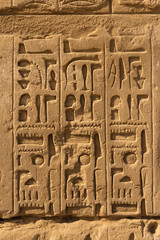 Karnak temple, The ruins of the temple. Embossed hieroglyphs on the wall.