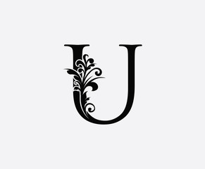 Classic U Letter Floral Logo, Initial U Swirl Logo Icon.