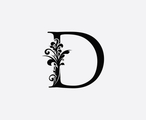 Classic D Letter Floral Logo, Initial D Swirl Logo Icon.