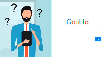Flat vector search page, query search results page. A man is looking for an answer on the Internet. A browser window. Flat style.
