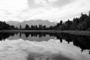 Fototapeta premium New Zealand - Lake Matheson. Black and white vintage filtered style.