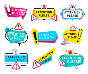 Attention please message color vector signs set