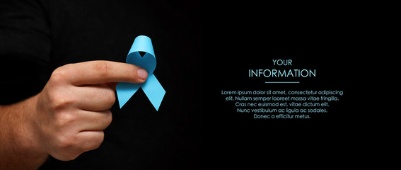 Hand hold a blue ribbon. November month health check. Prevention of prostatitis. Cancer Awareness. No Shave Month. Web article template. Long header banner format. Sale coupon. Your information.