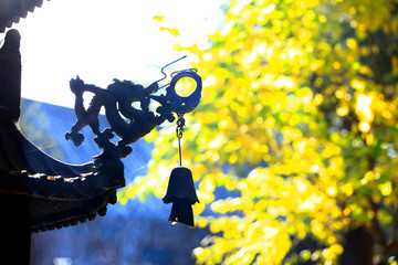 Ancient Chinese temples in autumn, the text translated as 