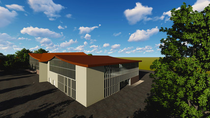 3D project of multistorey business center. Summer day.