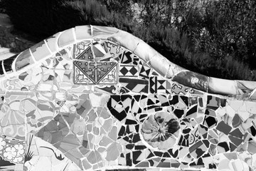 Barcelona Park Guell mosaics. Black and white retro image style.