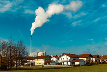 Beautiful autumn or indian summer view with a sugar factory near Plattling, Isar, Bavaria, Germany