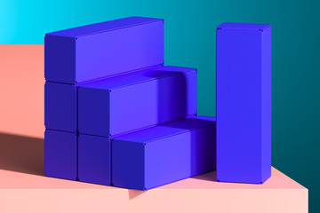 Blue Blank Cardboard Boxes on Salmon Color Pedestal. 3d Rendering. Empty space. Copy space. Minimalism Concept.