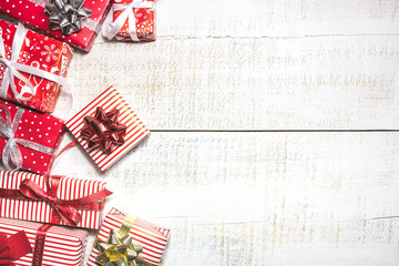Fototapeta premium Different gift boxes on white wooden table