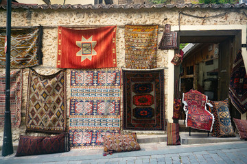 Eastern Persian carpet market outdoor. Nobody people