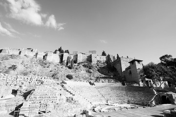 Malaga, Spain. Vintage toned black and white style.