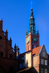 Tower of the historic Town Hall in Gdańsk (Danzig in German) a port city on the Baltic coast of Poland, illuminated by the morning sun