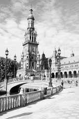 Seville, Spain - Plaza de Espana. Vintage toned black and white style.