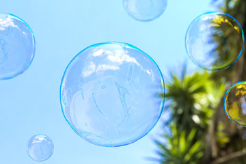 Soap Bubble With Light Blue Sky on Background. Concept Of Easiness, lightness And Aeriality. 3d rendering.