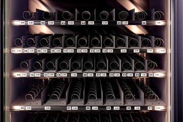 Close up Of Black Empty Vending Machine With Empty Shelves And Prices. 3d rendering